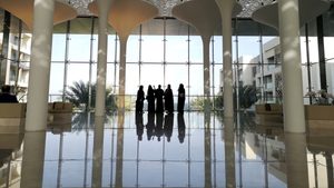 Oman hotel restrictions Omani women enjoy the sea view from a hotel lobby in the newly developed property, Al Mouj Muscat