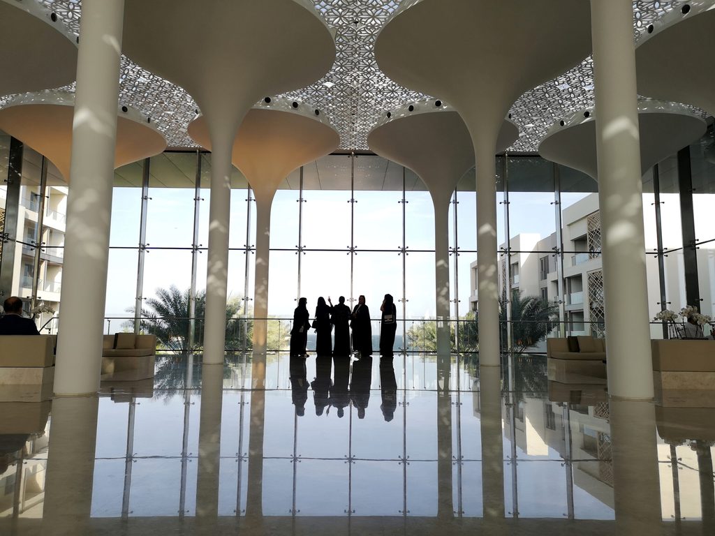 Oman hotel restrictions Omani women enjoy the sea view from a hotel lobby in the newly developed property, Al Mouj Muscat