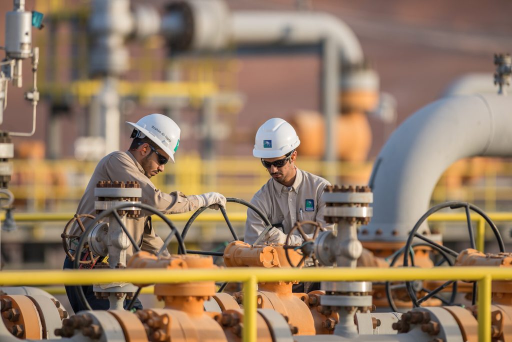 Workers at an Aramco facility. Saipem had annual average orders of $1.6bn from Aramco between 2021 and 2023