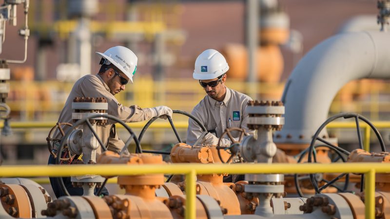 Workers at an Aramco facility. Saipem had annual average orders of $1.6bn from Aramco between 2021 and 2023