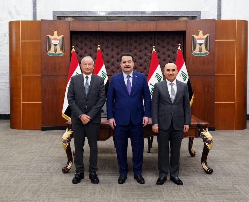 From left: Ora Developers Group chairman Naguib Sawiris, Iraqi Prime Minister Mohammed S Al-Sudani and Iraqi housing minister Bangin Rekani at the contract award ceremony