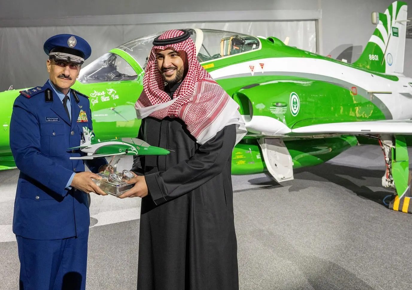 Saudi minister of defense Prince Khalid bin Salman bin Abdulaziz at the presentation of the Hawk T-165 jet, assembled and partly manufactured in Saudi Arabia