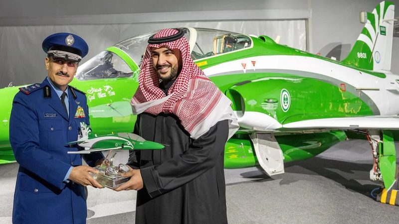 Saudi minister of defense Prince Khalid bin Salman bin Abdulaziz at the presentation of the Hawk T-165 jet, assembled and partly manufactured in Saudi Arabia
