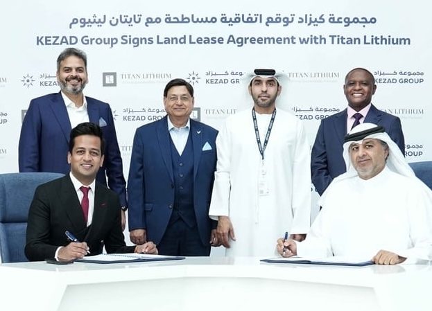 Kezad and Titan executives sign the deal for the lithium processing plant, described as a 'turning point' for the UAE's EV strategy