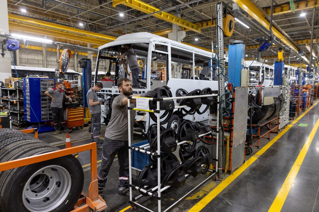Technicians working for Otokar, a maker of heavy commercial and military vehicles, on the production line at a factory in Sakarya, Turkey