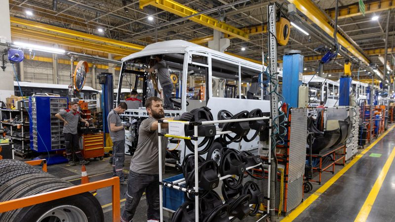Technicians working for Otokar, a maker of heavy commercial and military vehicles, on the production line at a factory in Sakarya, Turkey