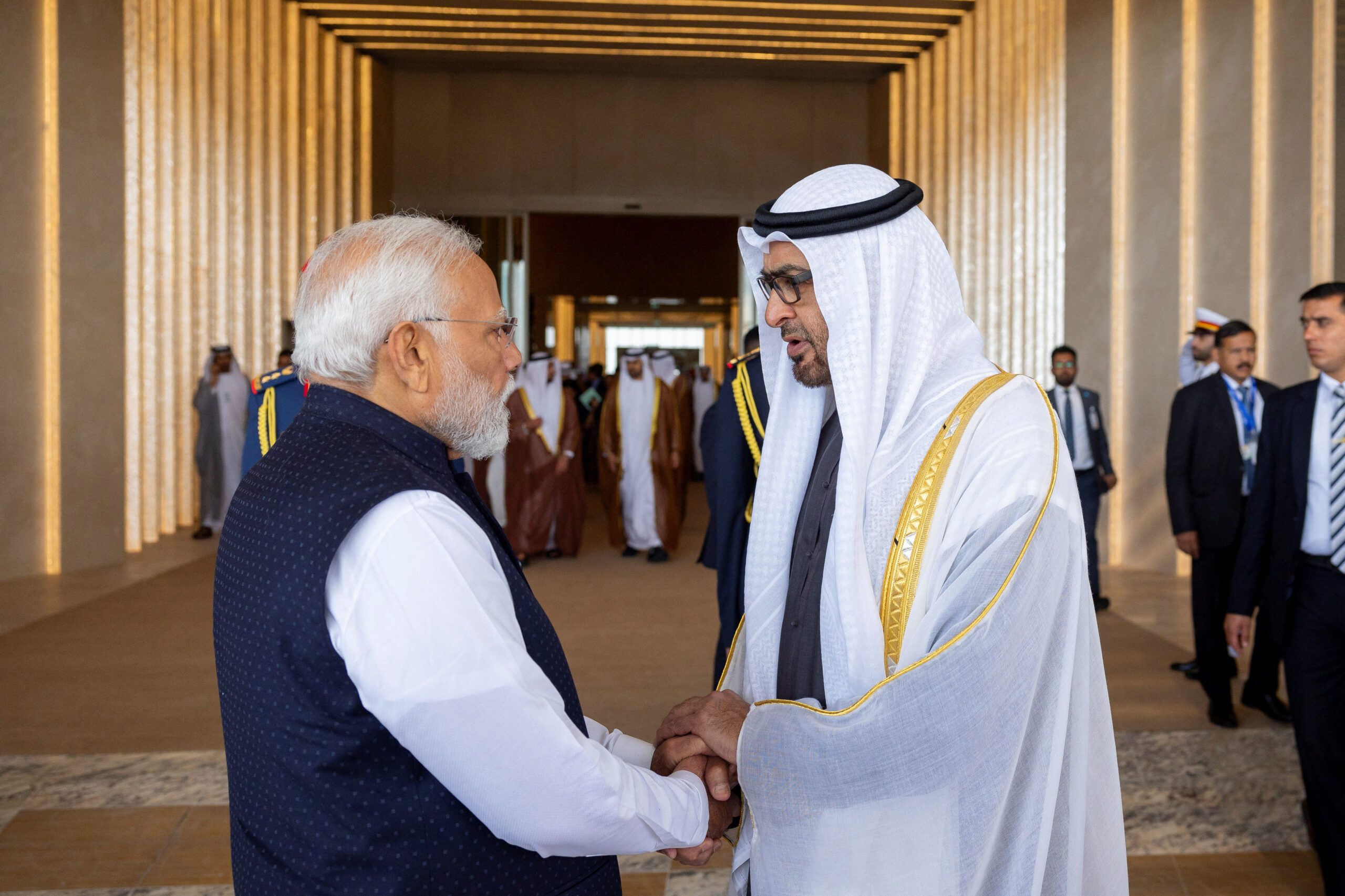 UAE president Sheikh Mohamed bin Zayed Al Nahyan with Indian prime minister Narendra Modi during his visit to the Gulf region in February