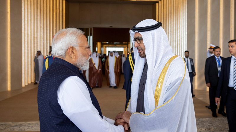 UAE president Sheikh Mohamed bin Zayed Al Nahyan with Indian prime minister Narendra Modi during his visit to the Gulf region in February