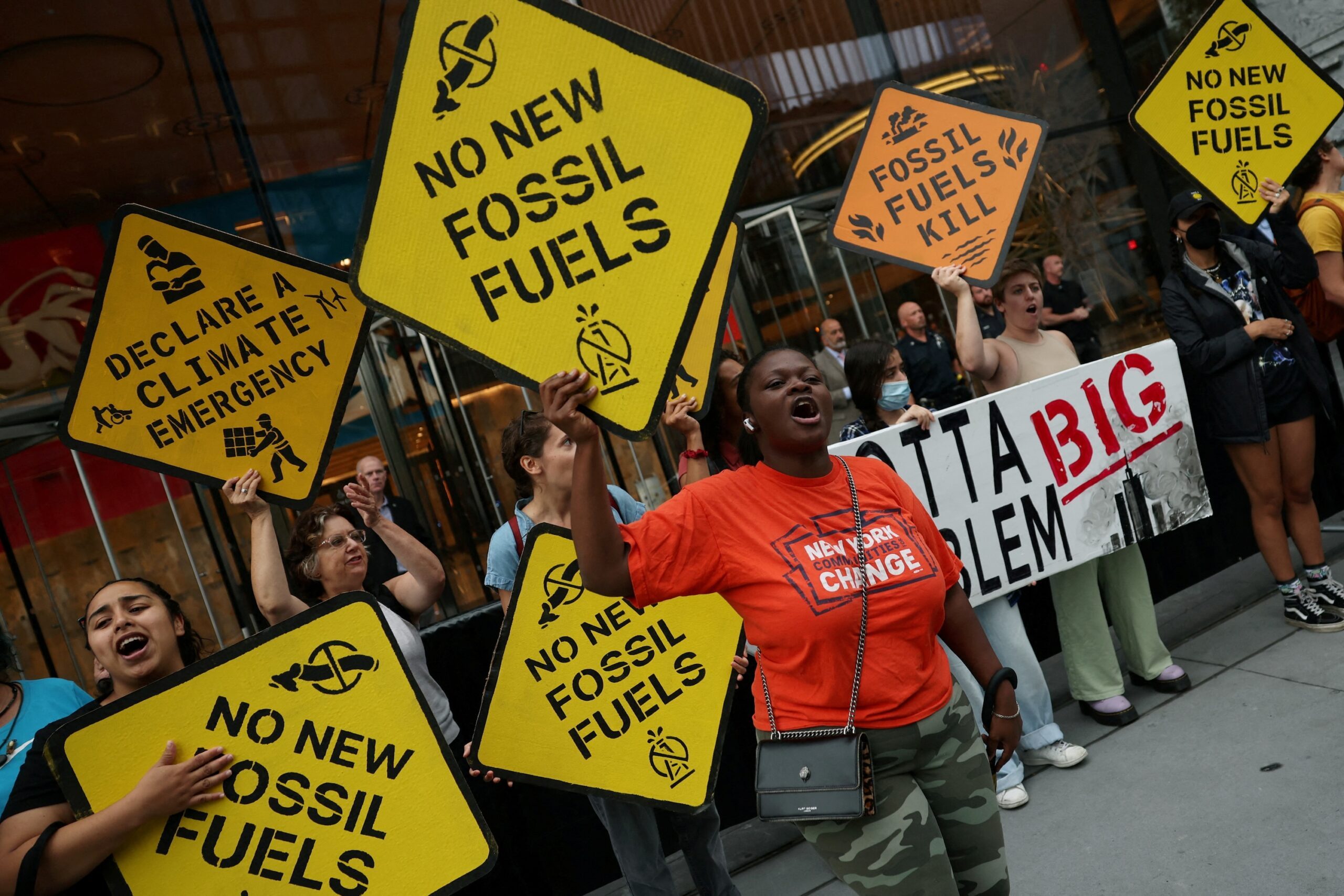 Climate activists outside BlackRock's New York HQ. The company says it wants to focus on 'transition investing'