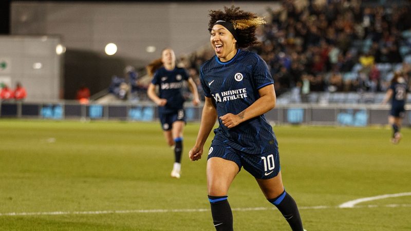Lauren James of Chelsea FC celebrates a goal against Manchester City in the FA Women's League Cup semi-final. Oman Air is absent from the list of sponsors on the club's website