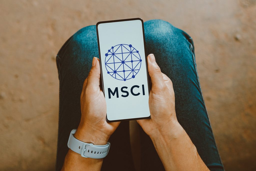 In this photo illustration, the MSCI Inc. logo is displayed on a smartphone screen. (Photo by Rafael Henrique / SOPA Images/Sipa USA) No Use Germany.
