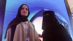 Saudi Arabia's first robot, Sara, is inspected by a visitor at Leap in 2023. This year she was joined by a male counterpart, Mohammad