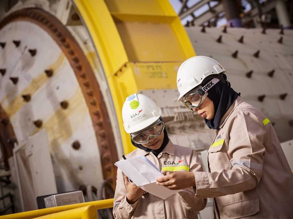 Workers at Emirates Global Aluminium's Al Taweelah refinery. The company is increasingly focused on recycled aluminium