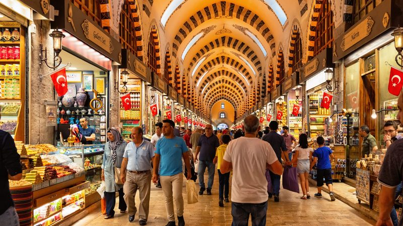 Shoppers and tourists in the spice bazaar in Istanbul. Turkey and Egypt are viewed as being on the way to economic recovery