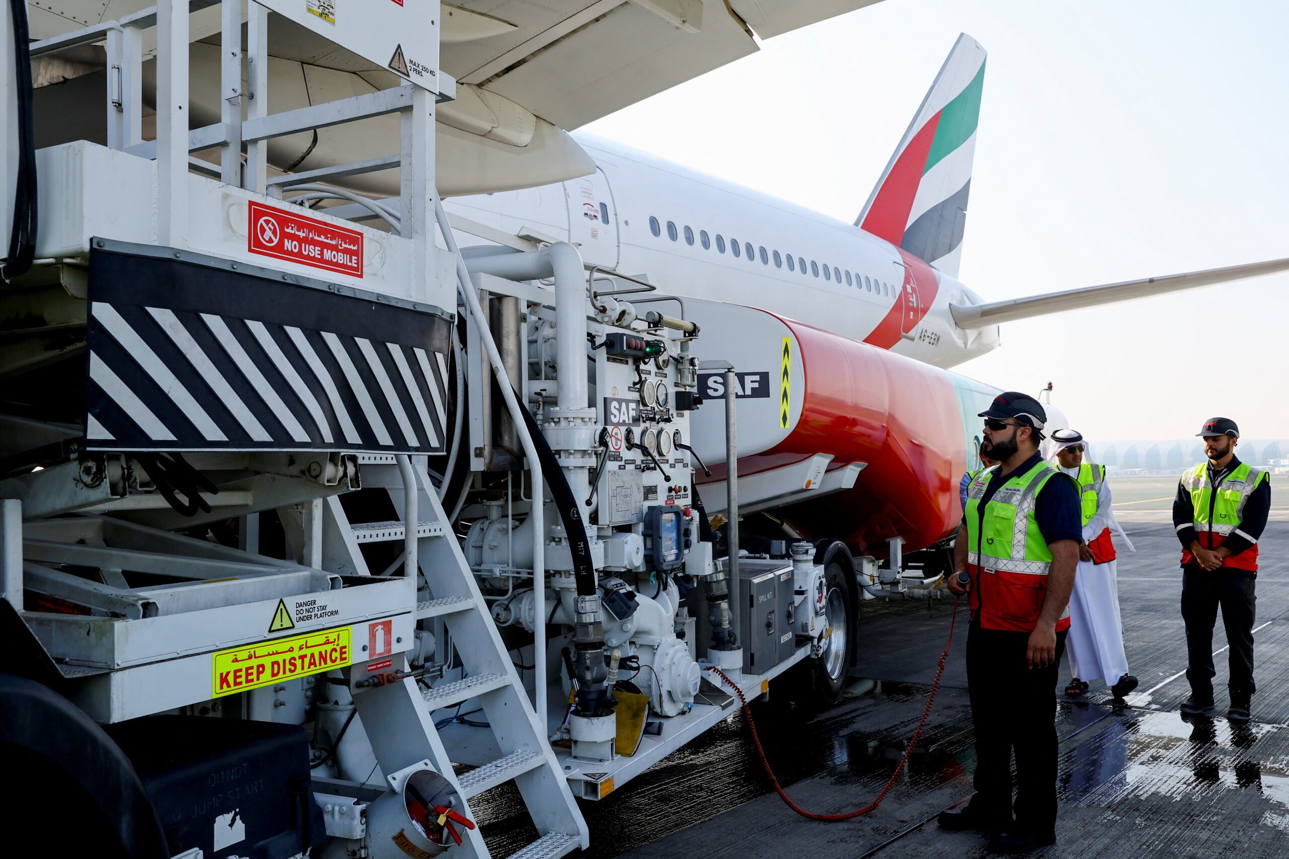 An Emirates jet taking on SAF at Dubai airport. The airline has a SAF deal with oil major Shell