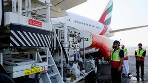 An Emirates jet taking on SAF at Dubai airport. The airline has a SAF deal with oil major Shell