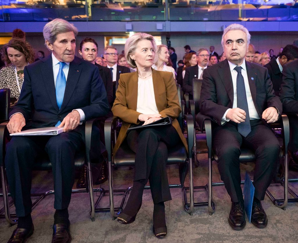 From left: US envoy John Kerry, European Commission President Ursula von der Leyen and IEA executive director Fatih Birol at a 50th anniversary event for the IEA in February