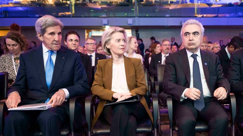 From left: US envoy John Kerry, European Commission President Ursula von der Leyen and IEA executive director Fatih Birol at a 50th anniversary event for the IEA in February