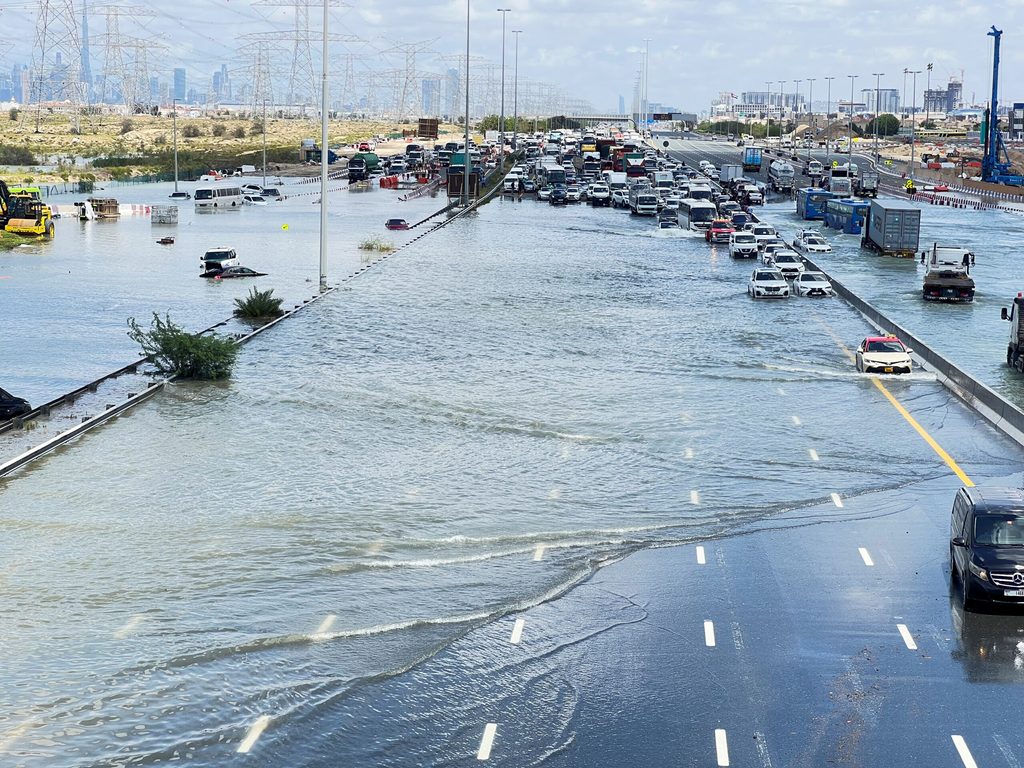 Traffic stuck on a flooded road in Dubai 