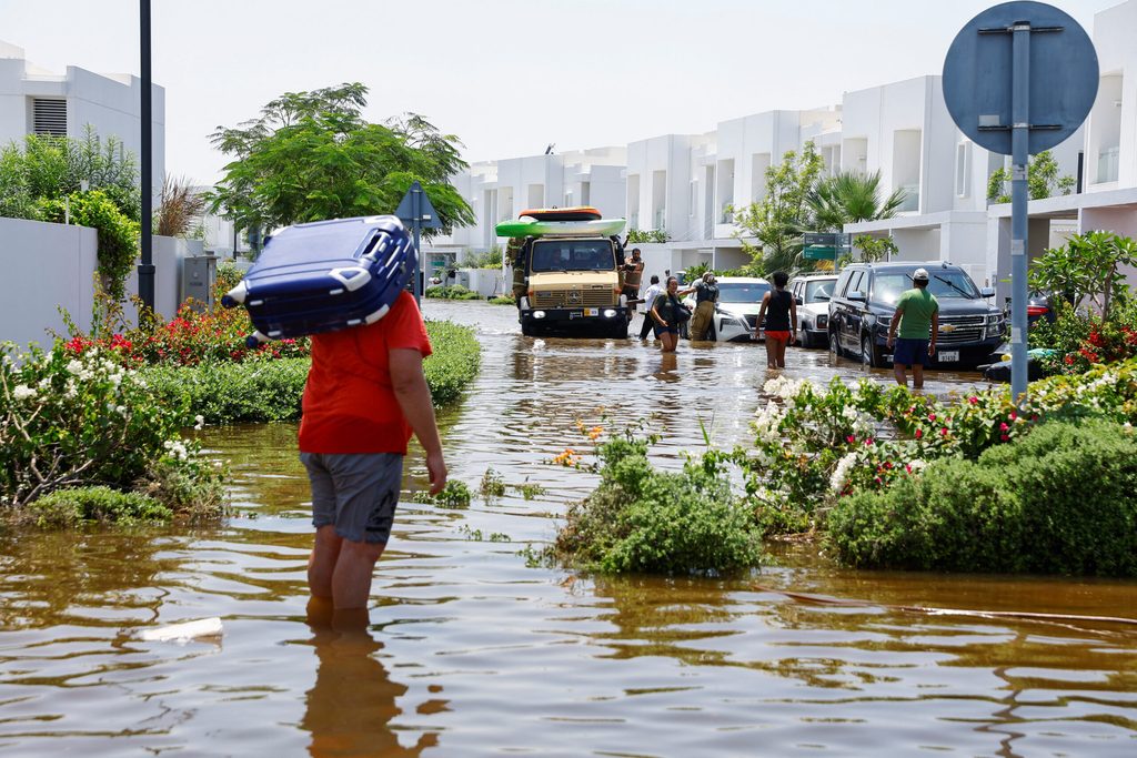 A flooded residential area in Dubai. New drainage infrastructure should be nature-based, say experts