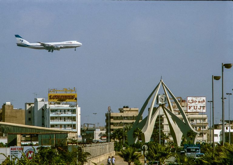 Dubai 1980: Deira clock tower with a 747 jet coming in to land. The city looks very different today, but some things remain