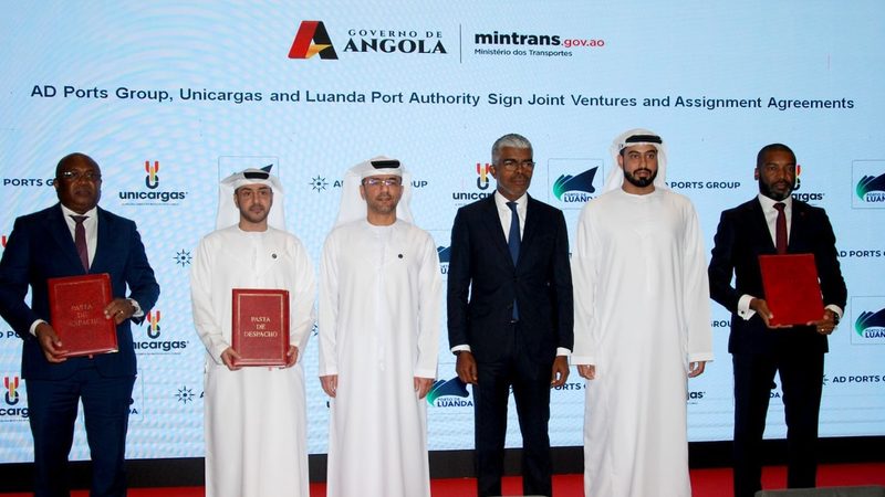 The signing ceremony for AD Ports Group's Luanda Port agreement. The 20-year deal is extendable by another 10 years
