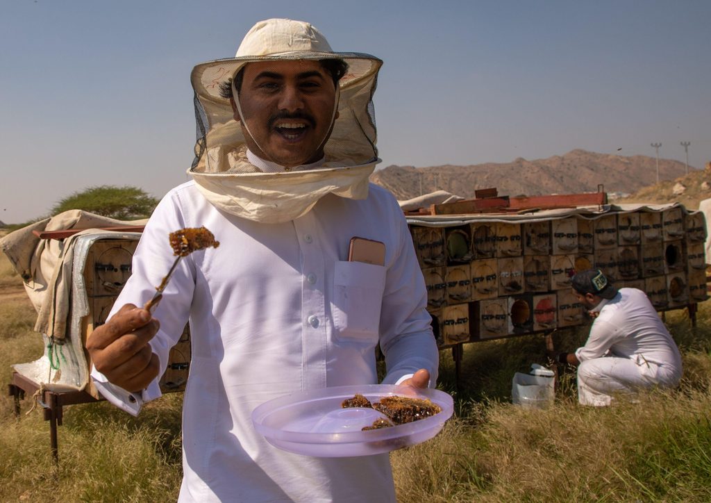 Beekeepers in Jizan province, Addarb, Saudi Arabia. The industry has set a production target of 7,500 tonnes of honey per year by 2026