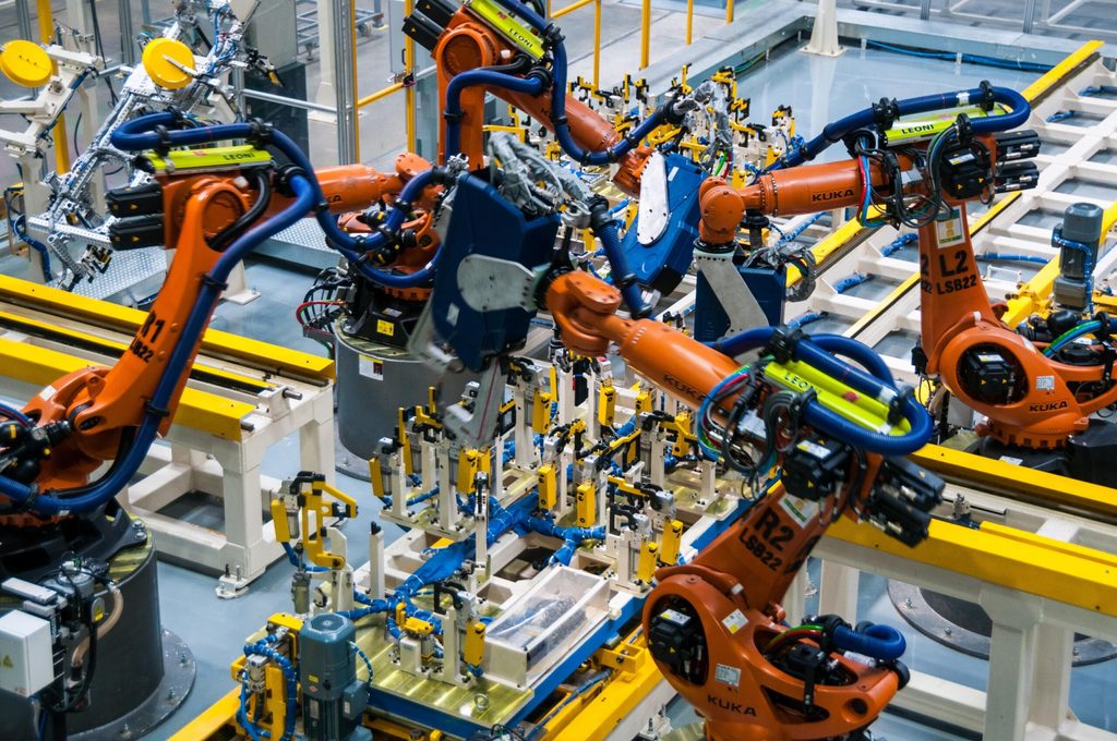 Robots on the production line of an EV factory in Guangzhou, China. Saudi Arabia has yet to open its first EV manufacturing facility