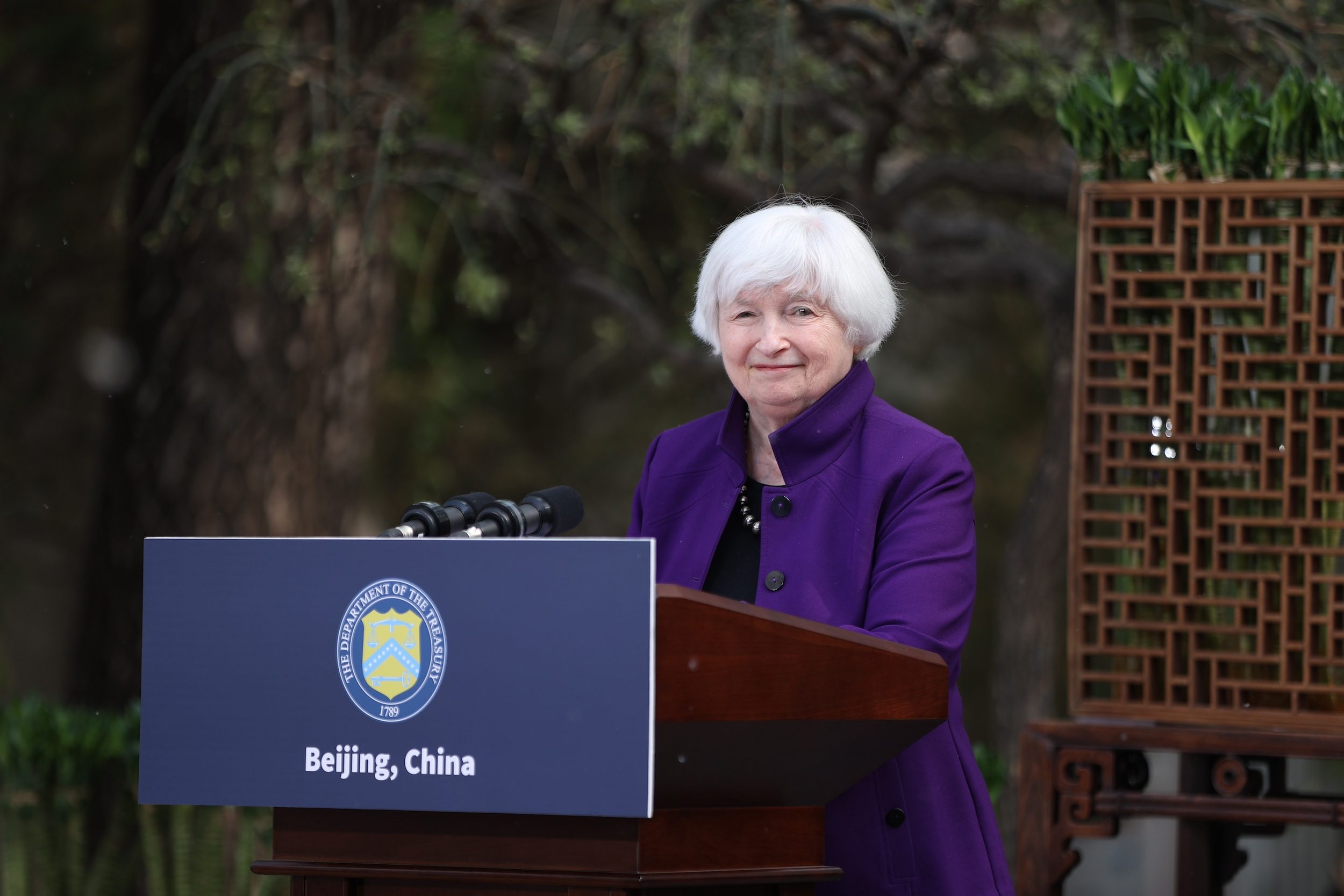 BEIJING, CHINA - APRIL 08: U.S. Treasury Secretary Janet Yellen speaks during a press conference at the U.S. Embassy in Beijing on April 8, 2024 in Beijing, China. U.S. Treasury Secretary Janet Yellen visits China from April 4 to 9. (Photo by Jiang Qiming/China News Service/VCG )No Use China.