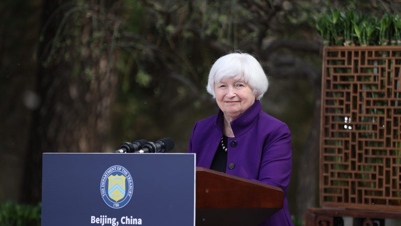 BEIJING, CHINA - APRIL 08: U.S. Treasury Secretary Janet Yellen speaks during a press conference at the U.S. Embassy in Beijing on April 8, 2024 in Beijing, China. U.S. Treasury Secretary Janet Yellen visits China from April 4 to 9. (Photo by Jiang Qiming/China News Service/VCG )No Use China.