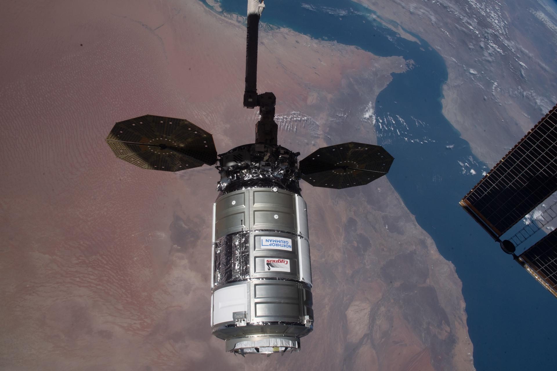 The uncrewed Cygnus space freighter, from which were launched two satellites built by students from Abu Dhabi's Khalifa University