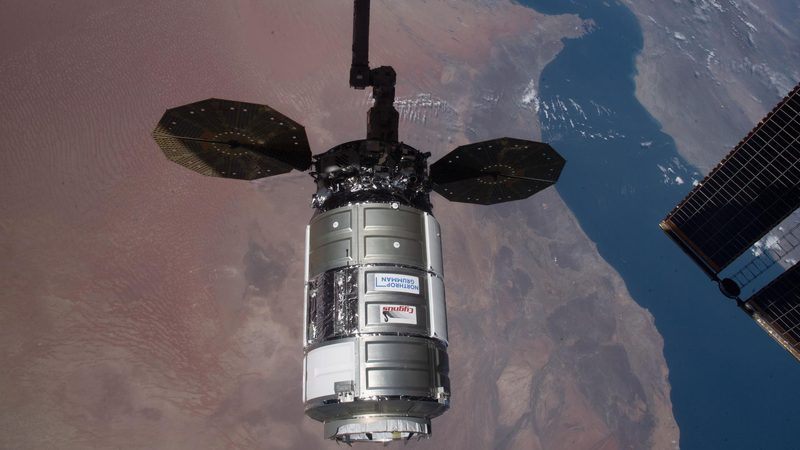 The uncrewed Cygnus space freighter, from which were launched two satellites built by students from Abu Dhabi's Khalifa University