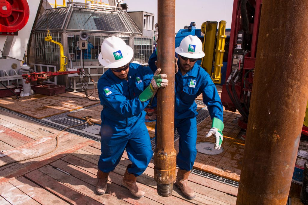 Workers on an Aramco rig. For the first time, the non-oil sector accounted for 50% of Saudi real GDP in 2023