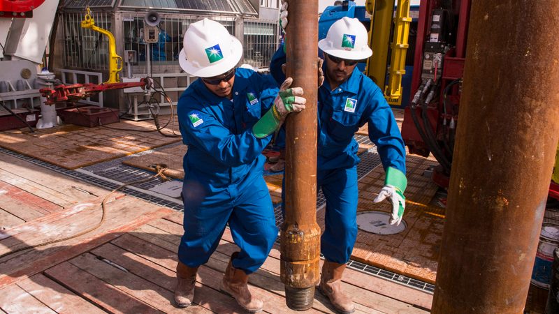 Workers on an Aramco rig. For the first time, the non-oil sector accounted for 50% of Saudi real GDP in 2023