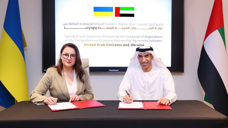 UAE Ukraine cepa Yulia Svyrydenko, Ukraine’s minister of economic development and trade, and Dr Thani bin Ahmed Al Zeyoudi, the UAE’s minister of state for foreign trade, sign the deal between the two countries
