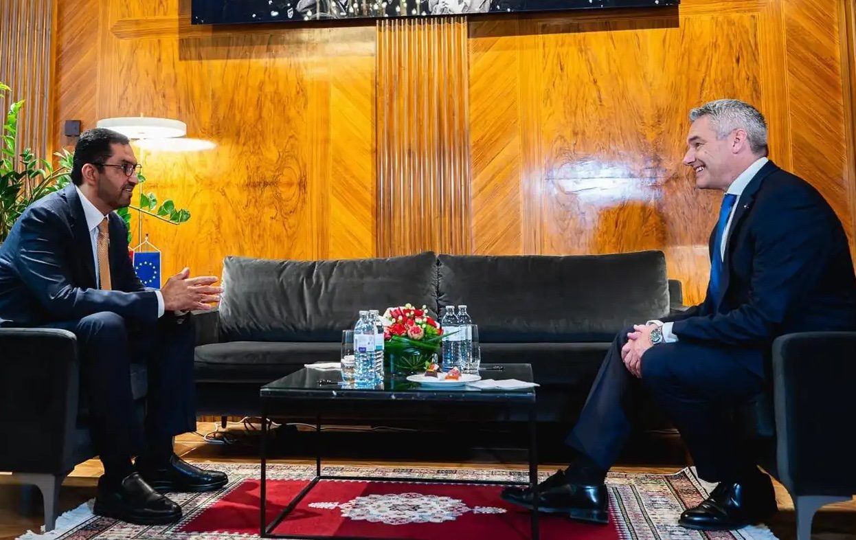 The UAE's minister of industry and advanced technology, Sultan Al Jaber, left, met Karl Nehammer, Chancellor of Austria, for talks on trade