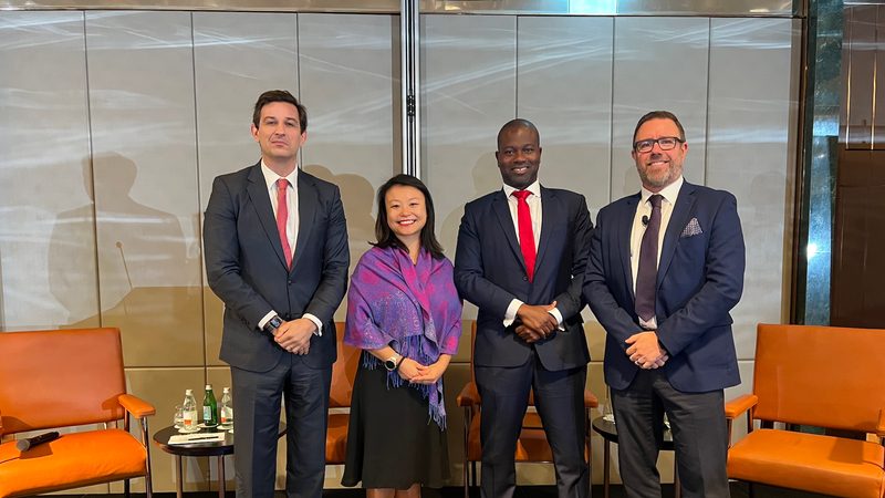SJP's chief investment officer Justin Onuekwusi, second from right, at the event in Dubai. Other speakers included, from left, Ben Powell of the BlackRock Investment Institute, Angelina Lai of SJP Asia and Middle East, and Robert Willock of the Economist Intelligence Unit