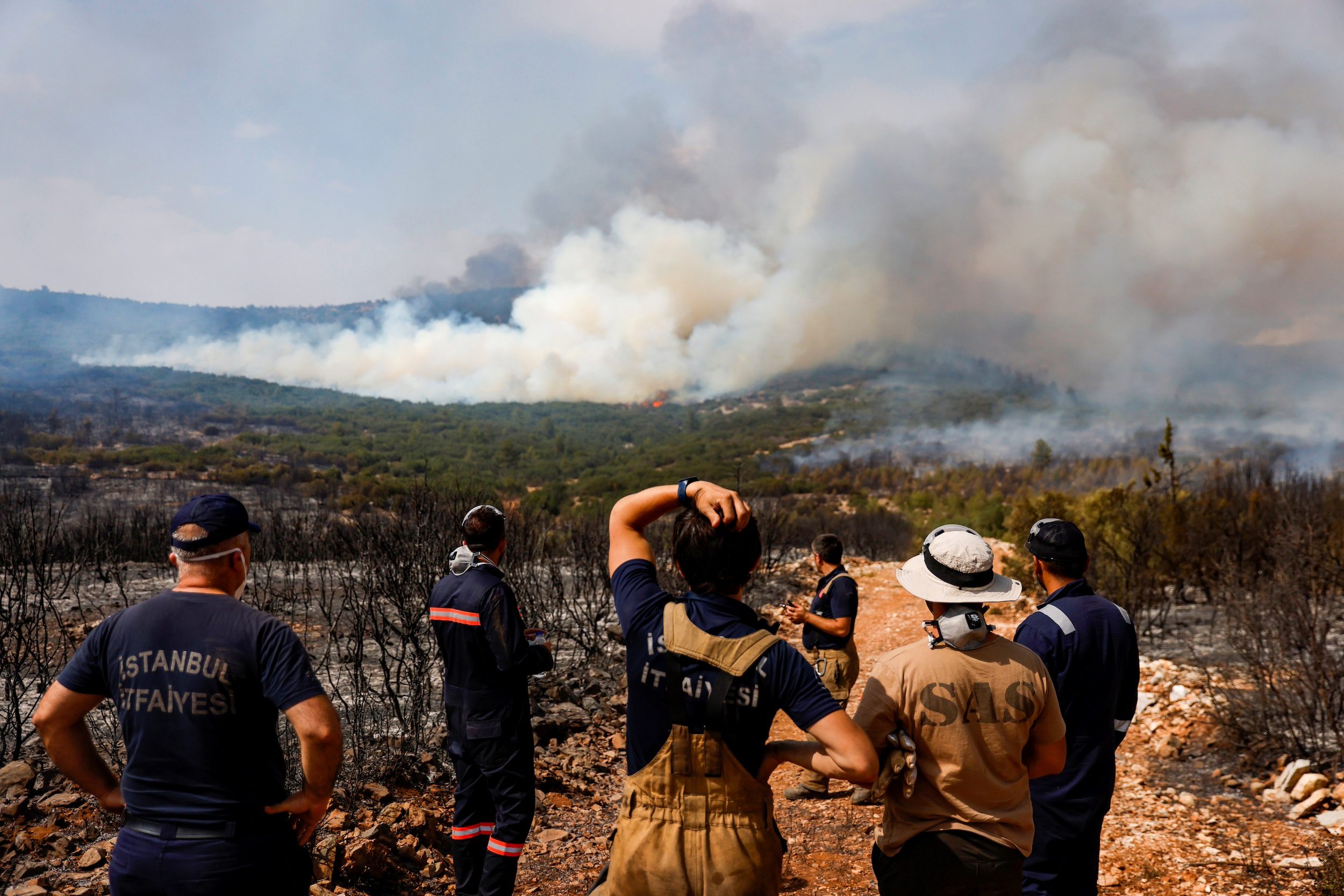 Firefighters from Istanbul municipality and volunteers plan how to extinguish a wildfire near Ikizce, a village in Turkey