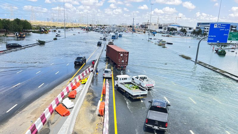 Traffic stuck on a flooded road in Dubai following April's storm and record rainfall