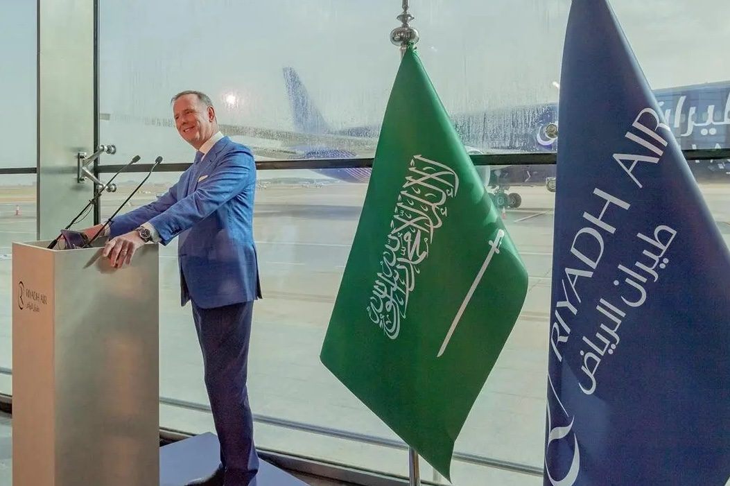 Riyadh Air CEO Tony Douglas at the unveiling of the airline's livery. The company is waiting on its first order of Boeing Dreamliner 787s
