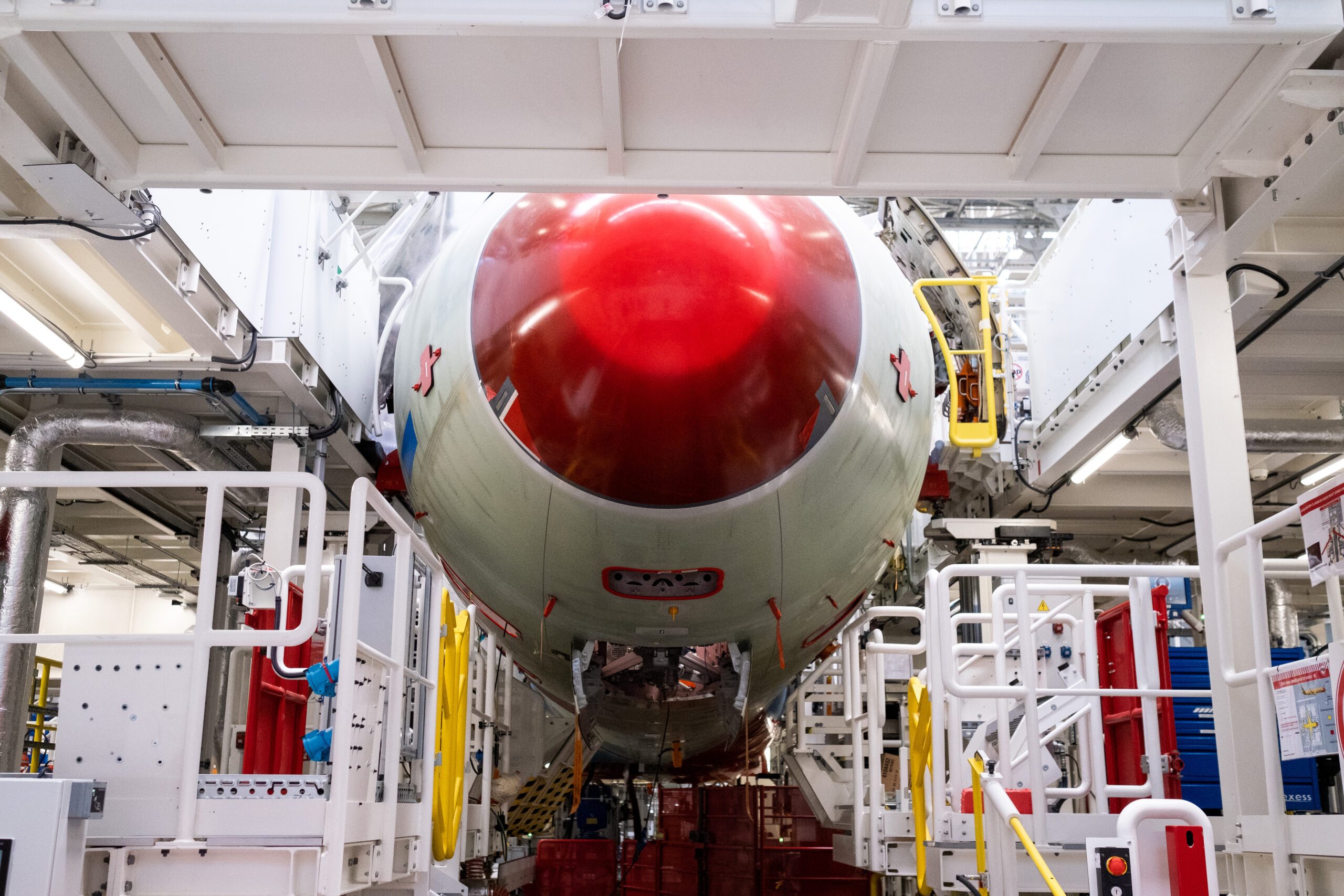 A jet on the assembly line at the Airbus factory in Blagnac, France. Saudia says it is updating the interiors of its current fleet