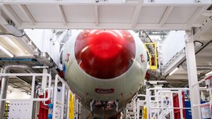 A jet on the assembly line at the Airbus factory in Blagnac, France. Saudia says it is updating the interiors of its current fleet