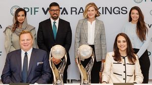 Marina Storti, CEO of WTA Ventures, front right, and Kevin Foster, head of communications at PIF, front left, at the signing of the sponsorship agreement between the two