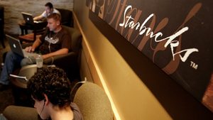 Customers at the Starbucks store in Sao Paulo's Alameda Santos
