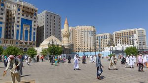 The Holy Mosque in Medina, Saudi Arabia. Pilgrims flock to the city as part of Hajj