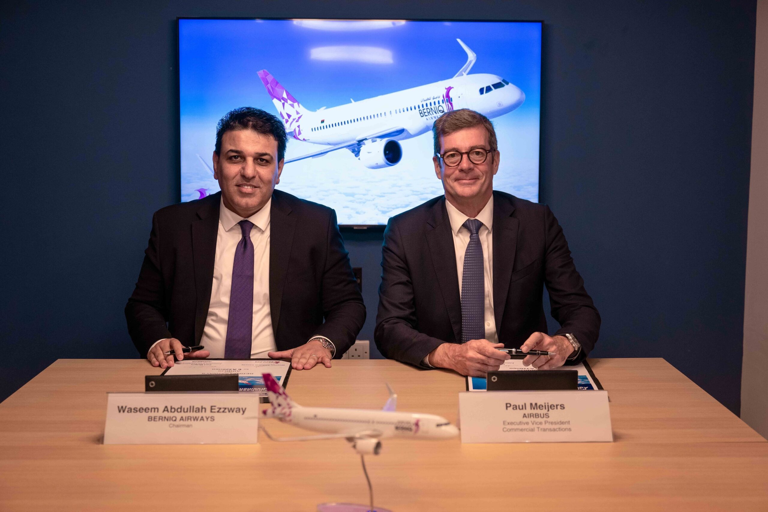 Berniq Airways and Airbus chiefs sign the deal