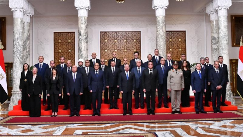 President Abdel Fattah El Sisi poses for a group photo with Egypt's new cabinet