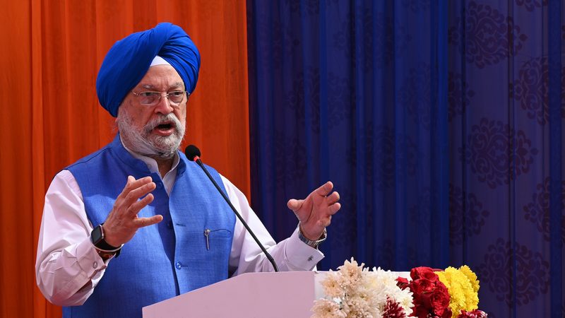 NEW DELHI, INDIA - MARCH 15: Union Minister of Petroleum and Natural Gas Hardeep Singh Puri addresses during the launch of ëEthanol 100í at Indian Oilís Irwin Road Service Station, on March 15, 2024 in New Delhi, India. According to an official statement, ETHANOL 100 stands as a cleaner, greener alternative to gasoline, boasting lower emissions of greenhouse gases and pollutants, thus aiding in combating climate change and enhancing air quality in our communities. With its high-octane rating, typically between 100-105, ETHANOL 100 proves ideal for high-performance engines, ensuring improved efficiency and power output all while minimizing environmental impact. (Photo by Sonu Mehta/Hindustan Times/Sipa USA )No Use Germany.