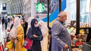 Customers queue at a Starbucks in Jeddah airport. Saudi wealth fund PIF has decreased its Starbucks call options by 138,800 shares