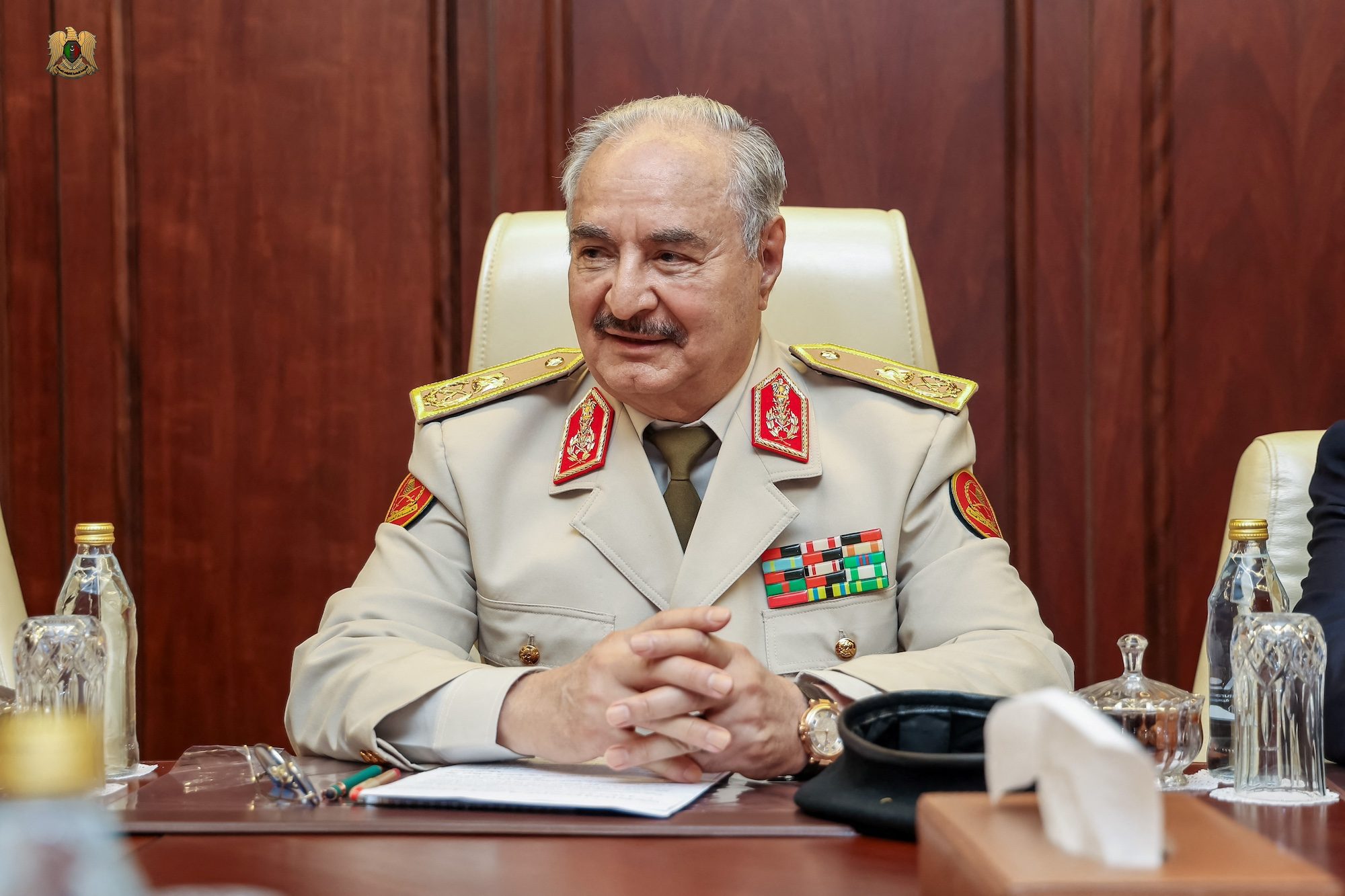 El Sharara Libyan National Army Commander Khalifa Haftar takes part in a meeting with U.S. Africa Command General Michael Langley (not pictured) at an unidentified location, in Libya, in this handout image released on August 27, 2024. Libyan National Army/Handout via REUTERS THIS IMAGE HAS BEEN SUPPLIED BY A THIRD PARTY. NO RESALES. NO ARCHIVES. MANDATORY CREDIT El Sharara oilfield was shut down in August by Khalifa Haftar, commander of the Libyan National Army